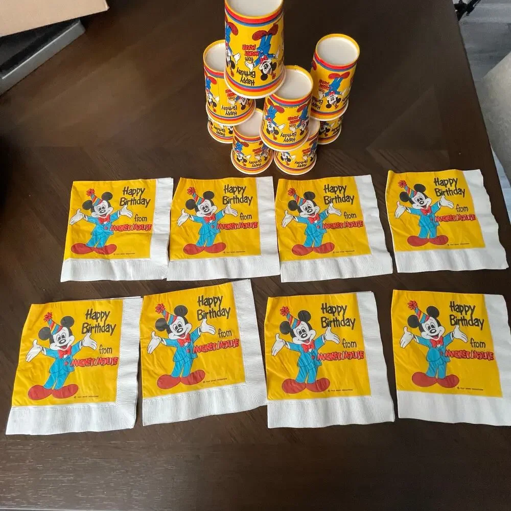 Vintage Mickey Mouse Birthday Party Cups Napkins Paper Yellow Disneyana READ